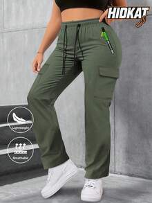 Women'S Zipper Pocket Cargo Pants, Fashion Large Pocket Design With Drawstring Elastic Waist, Casual Outdoor/Daily Wear Long Pants Tights Sports - Army Green - View 2