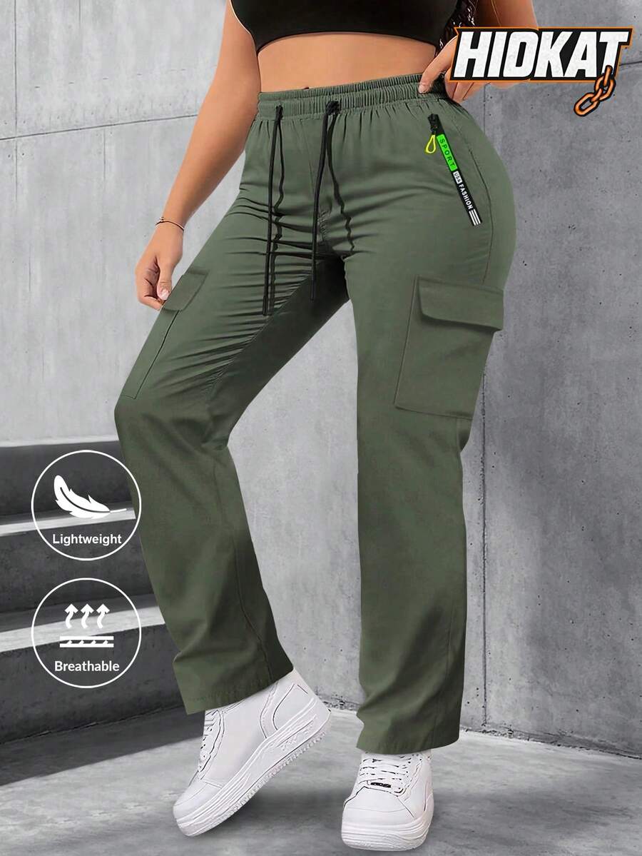 Women'S Zipper Pocket Cargo Pants, Fashion Large Pocket Design With Drawstring Elastic Waist, Casual Outdoor/Daily Wear Long Pants Tights Sports