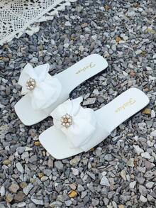 Beach Bow Decor Flat Sandals - White - View 1