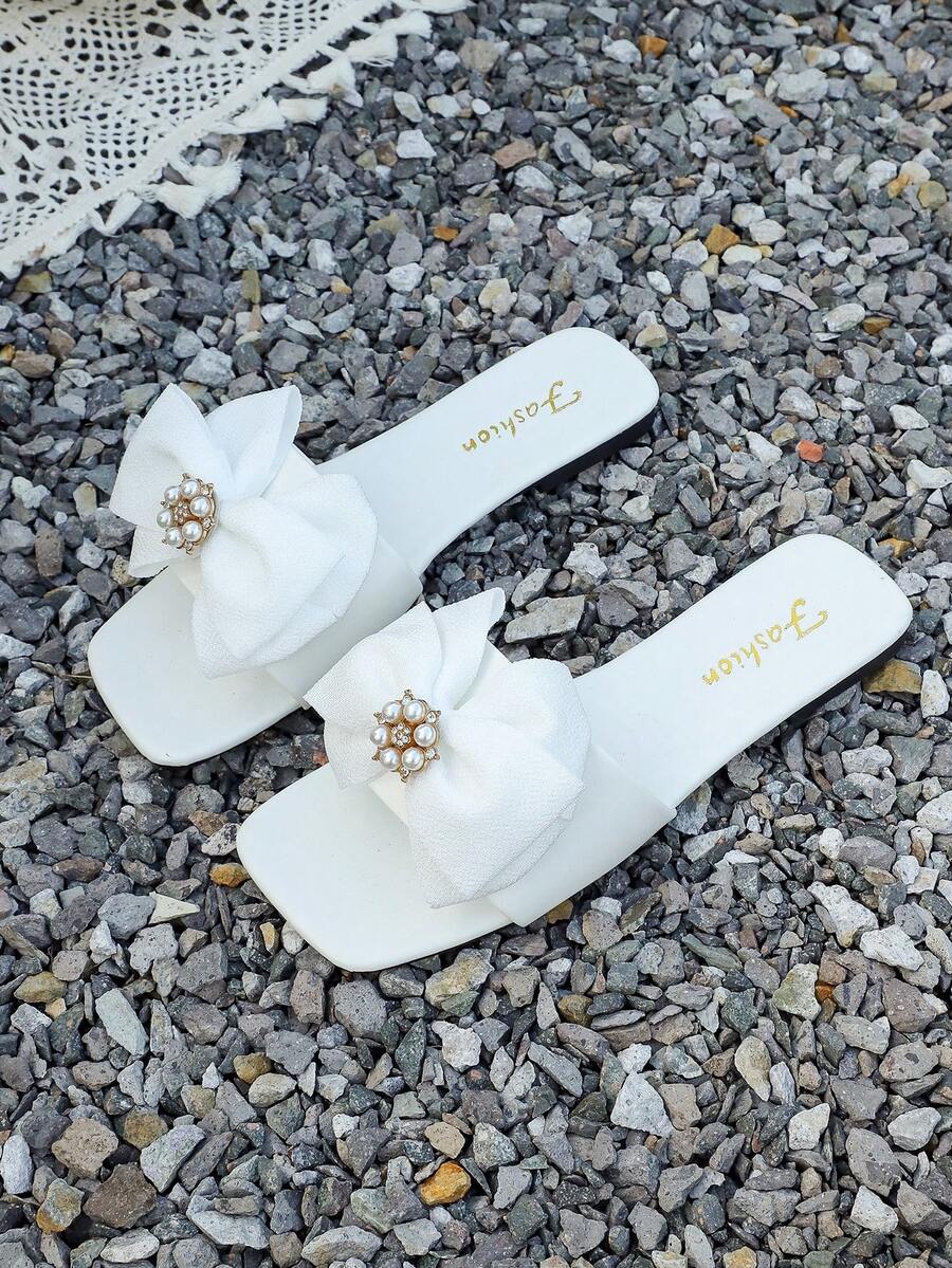 Beach Bow Decor Flat Sandals - White - View 1