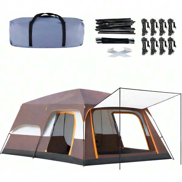 Casa de Campaña Familiar 7-10 Personas, 2 Habitaciones, 2.2x2.2m, Altura 3.2m, Impermeable PU1500 Oxford 210D, con Vestíbulo y Claraboya, Camping 3 Estaciones
