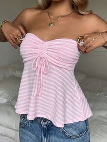 Top de tubo de punto a rayas rosas con cordón para verano - Rosa - Ver 5