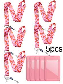 5 pièces Cordons de clé rose pour enseignants avec porte-badge d'identification, anneau de clé en métal, sangle de téléphone, collier de téléphone en polyester avec marguerite mignonne, excellent cadeau pour les femmes, les enseignants, les étudiants, le personnel - Multicolore - Voir 3