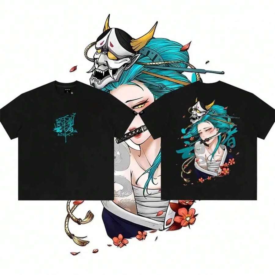 Unisex Black T-Shirt 100% Unwashed Cotton, A320 Geisha Design With Hannya Mask, Anime And Samurai Style, Streetwear Aesthetic Fashion, Casual Wear For Men And Women, Perfect For Use - 藍白色 - 查看 1