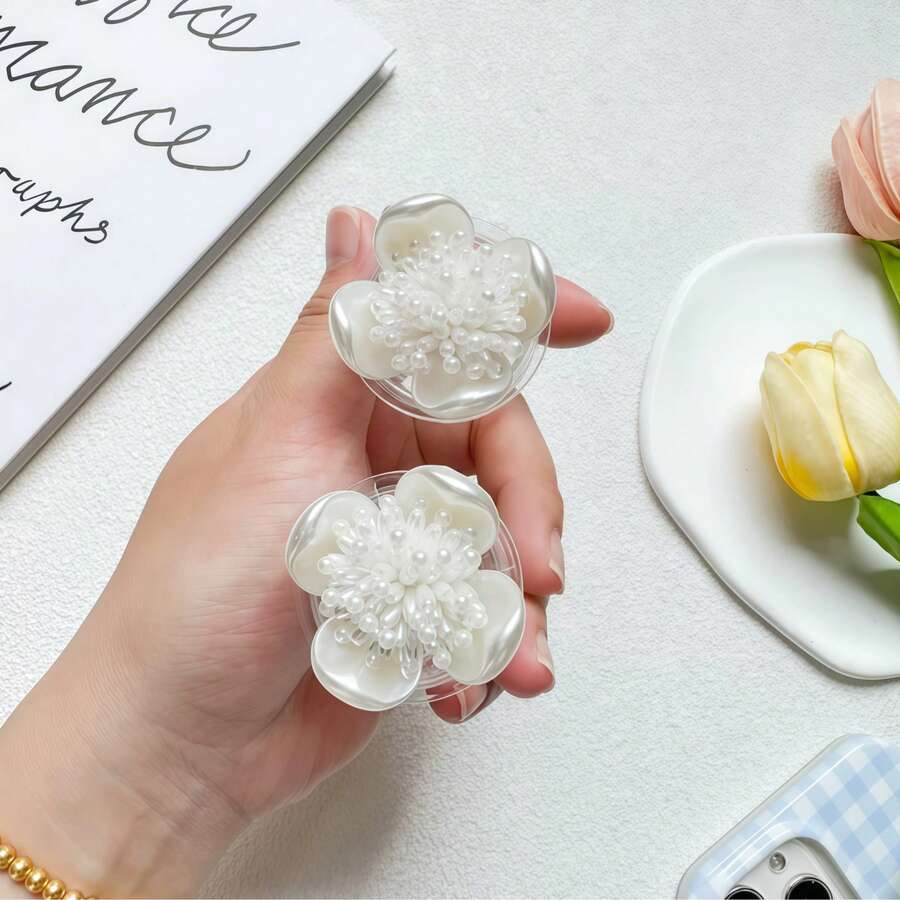 1 pièce Support de téléphone à coussin d'air en forme de fleur de perle, support de téléphone rétractable et souple, autocollant adhésif universel pour le dos du téléphone, support souple