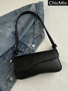 Este bolso de moda y minimalista presenta un diseño de solapa asimétrico y una correa para el hombro ajustable, adecuado para compras, llevar carteras y especialmente apropiado para mujeres - Negro - Ver 2