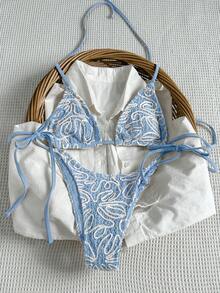 Bikinx Women's Summer Fashion Asymmetrical Striped Triangle Tie Bikini Set For Vacation Beach - Dusty Blue - View 5