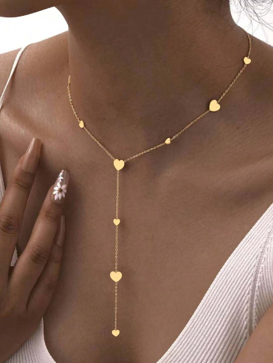1 chiếc vòng cổ hình chữ Y, mặt dây chuyền hình trái tim tối giản, dây chuyền tua rua bằng thép không gỉ cho mùa hè - Vàng - Xem 1