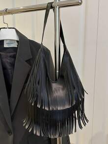 1pc Solid Color Suede Fringe Shoulder Bag, Retro Fashion Large Capacity Commuter Bag, High-Quality Stylish Shoulder Bag - Black - View 2