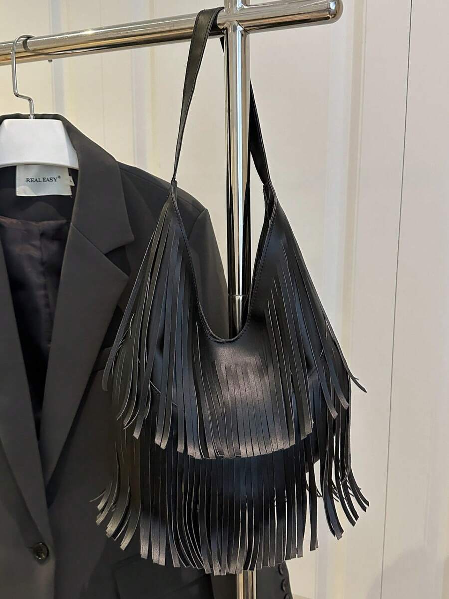 1pc Solid Color Suede Fringe Shoulder Bag, Retro Fashion Large Capacity Commuter Bag, High-Quality Stylish Shoulder Bag