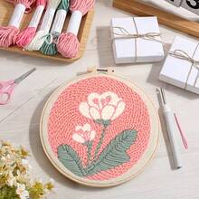Poke Show 刺繡套件，粉色花卉主題，初學者刺繡套裝附布料、繡框、線材、針、刺繡筆、穿線器，適合初學者與成人，舒壓刺繡手工藝套組，成人手工藝 - A - 查看 2