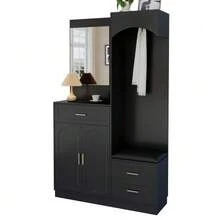Modern, Compact Wardrobes, Wardrobe And Shoe Cabinet Combination, Entrance Cabinet, Multifunctional Storage Shelf With Mirror - 黑色 - 查看 1