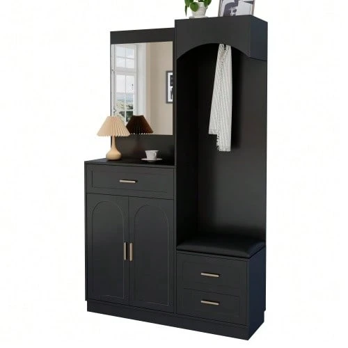 Modern, Compact Wardrobes, Wardrobe And Shoe Cabinet Combination, Entrance Cabinet, Multifunctional Storage Shelf With Mirror - 黑色 - 查看 1