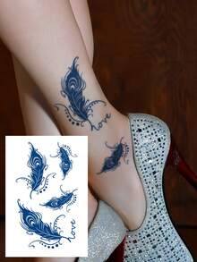 Herbal Juice Semi-Permanent Magic Tattoo Sticker, Polka Dot Line Feather Pattern, 14 Days No Fading, Music Festival Party Gift, Temporary Tattoo Sticker For Arm, Waist, Abdomen, Leg, Body, 1pc/Pack - Blue - View 1