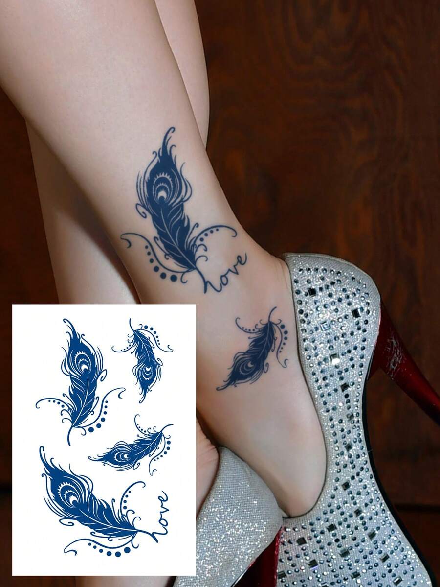 Herbal Juice Semi-Permanent Magic Tattoo Sticker, Polka Dot Line Feather Pattern, 14 Days No Fading, Music Festival Party Gift, Temporary Tattoo Sticker For Arm, Waist, Abdomen, Leg, Body, 1pc/Pack - Blue - View 1