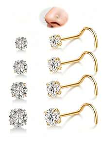 8pcs Gold/Silver S-Shaped Nose Ring Set, Multi-Size Clear CZ Nose Piercing Jewelry, Minimalist Daily Wear, Unisex - 8 Pcs Nose Stud - View 8