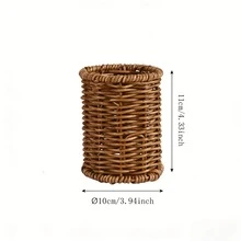 1pc Handmade Rattan Woven Kitchen Utensil Storage Bucket, Nordic Style Tableware Organizer, Home Multifunctional Cookware Storage Basket, Vintage Faux Rattan Pen Holder, Office Student Desktop Makeup Brush Storage Bucket, Home Miscellaneous Items Chopsticks Holder - View 6