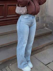 Women's Vintage-Style Wide-Leg Straight-Leg Jeans, Casual For Spring - 淺色水洗 5 - 查看 11