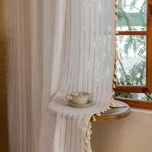 1pc Polyester Cotton Blend American Style Tassel Curtain, Pastoral Country Style, 2026 New Versatile Breathable Sheer Curtain For Living Room Bedroom Room Decoration - White - View 3
