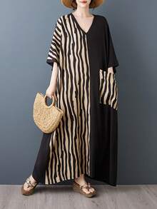 AZAH Vestido suelto de línea A a rayas para mujer talla grande con bolsillos, mangas cortas de murciélago, vestido bohemio casual de vacaciones de playa elegante negro verano 2026 - Negro - Ver 9