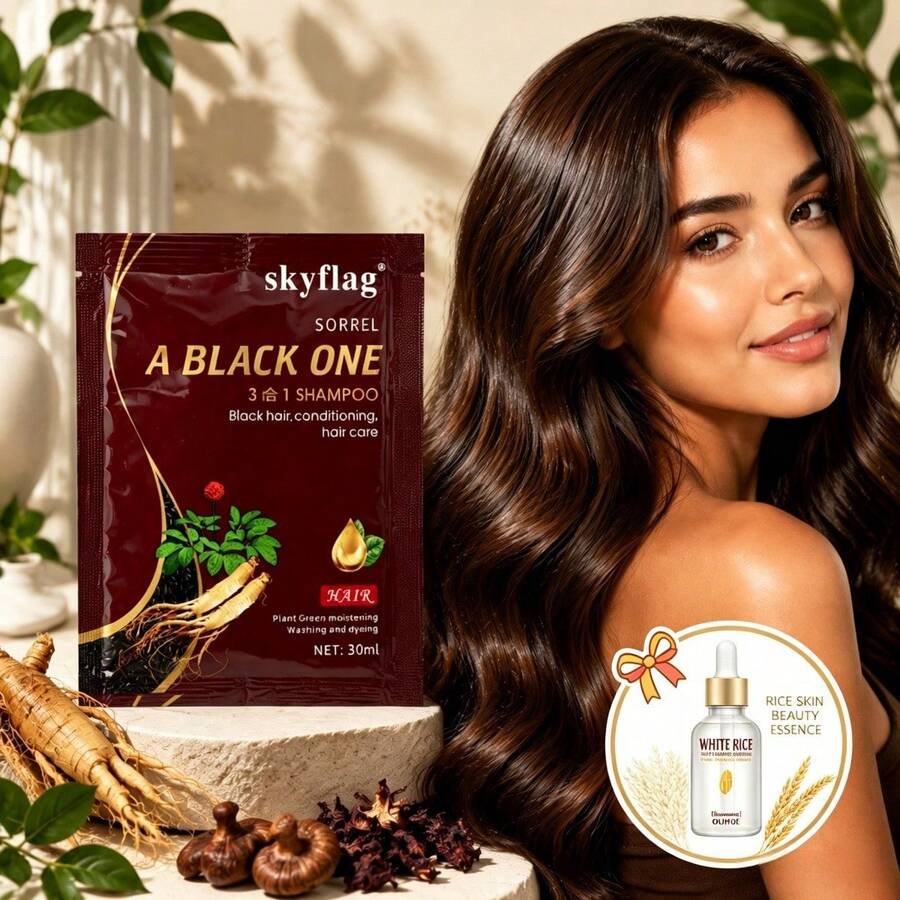 10 botellas de champú colorante instantáneo con extracto de arroz. Este champú contiene jengibre natural, extracto de ginseng, extracto de aloe vera y he shou wu (Polygonum multiflorum), que cubren eficazmente las canas. Ideal como regalo para madres. - Marrón - Ver 1