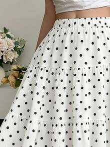 Falda larga con estampado de lunares EARO para mujer, diseño de cintura elástica, tela casual sin estiramiento, adecuada para uso diario blanco vacaciones - Blanco - Ver 4