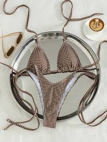 Spring Summer Women's 2-Piece Plaid Print Sexy Bikini Set, Women's Vacation Outfit, Summer Clothing, Pool Party, Beach Vacation, Beach Fashion Brown - Brown - View 2
