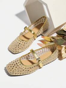 Women's Plus Size Mesh Breathable Rhinestone Ballet Shoes, Gold Square Toe New Style Fashion Date Night Flat Mary Jane Shoes, Comfortable For Walking - Gold - View 1