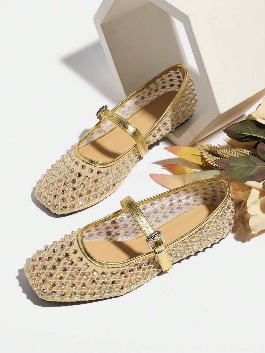 Women's Plus Size Mesh Breathable Rhinestone Ballet Shoes, Gold Square Toe New Style Fashion Date Night Flat Mary Jane Shoes, Comfortable For Walking - Gold - View 1