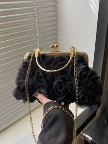 Nuevo Bolso de Noche con Cadena y Flores 2025, Bolso de Mano de Moda para Mujer, Estilo Celebridad, Bolso Tote/Hombro/Cruzado en Colores Sólidos - Negro 3 - Ver 2