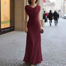 Vestido largo plisado con cuello drapeado, elegante y ajustado, estilo europeo y americano 2026 - Rojo - Ver 8
