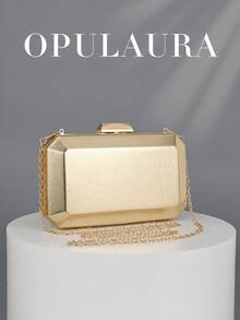 OpulAura 復古優雅皮革晚宴手拿包，極簡設計時尚晚禮服包，迷人精緻正式派對手提包，高級方盒手拿包，適合派對/婚禮/正式場合晚餐，附鏈條可肩背/斜背 - 金色 - 查看 2