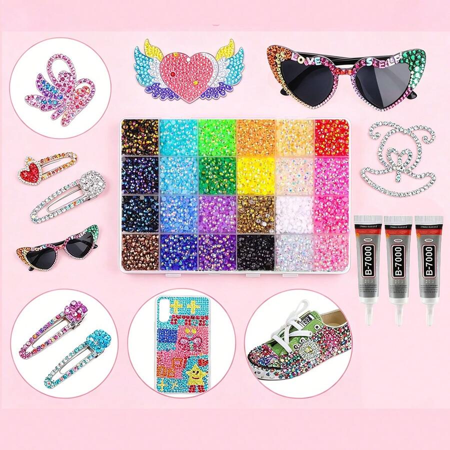 Mixed Color Resin Rhinestones 24-Grid Set, Tweezers + Dotting Pen + Glue*3 Three Pieces Set, Suitable For DIY Phone Cases, Hair Clips, Keychains, Tabletop Decor, Jewelry Accessories, Holiday Decorations And Clothing Decorations - 24 Grids - View 1