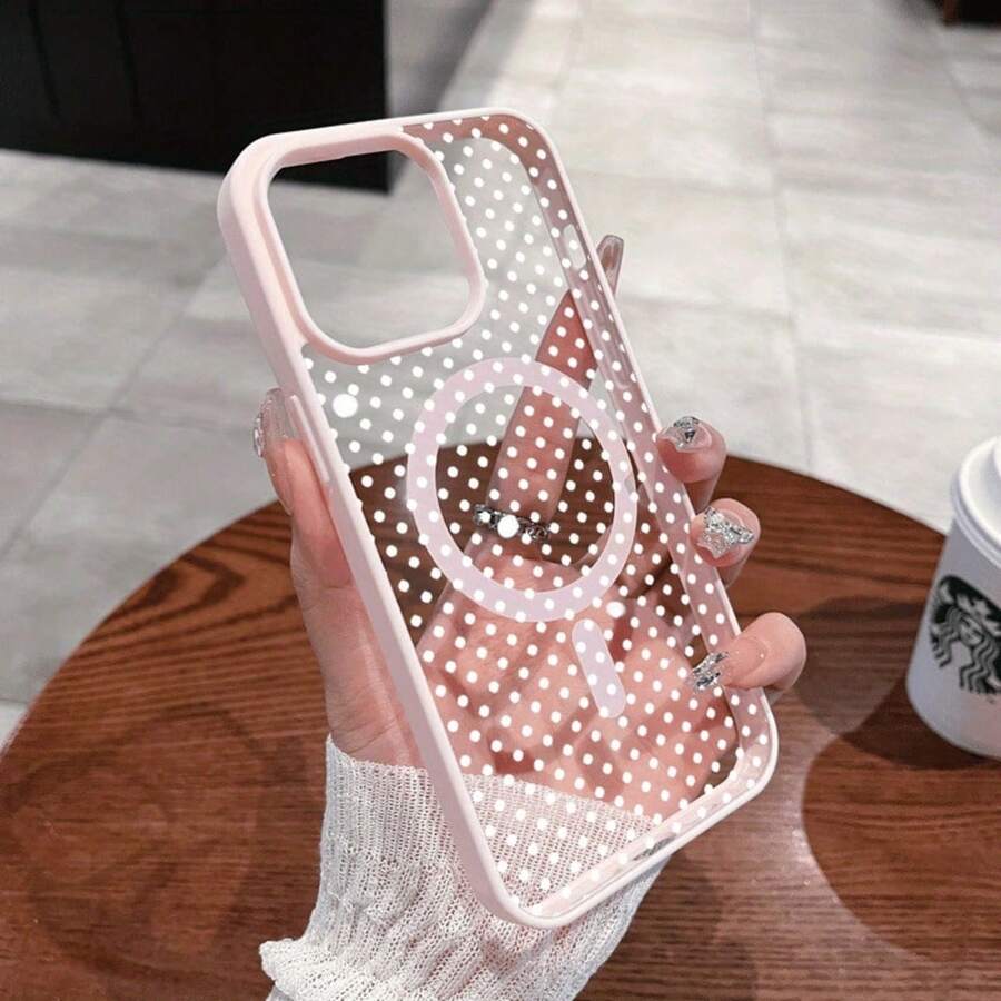 Fashion Transparent Cute White Dot Pattern Magnetic Girl Mobile Phone Case Suitable For 16ProMax/16Plus/16Pro/16, 15/14/13/12/11 Wireless Charging Shockproof Lens Protection Magsafe Mobile Phone Case, Gift - 粉色 - 查看 1