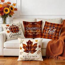 4 Stücke Herbst-Kariert Kürbis Ahornblatt Muster einseitig bedruckte Kissenbezüge/Kissenbezüge, Multi-Szenen Atmosphäre Dekoration Kissenbezüge geeignet für Wohnzimmer Sofa Schlafzimmer, ohne Kissenfüllung, 40x40cm/45x45cm/50x50cm - Verschiedenfarbig - Übersicht 9