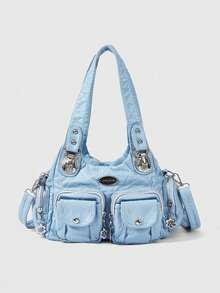 Bolso de Hombro ROMWE Grunge Punk New Punk Rock Chic para Mujer, Bolso de Mano Darkcore Estilo Motociclista para Mujer, Nuevas Bolsas Grandes de Moda para Mujer, Gótico - Celeste - Ver 2