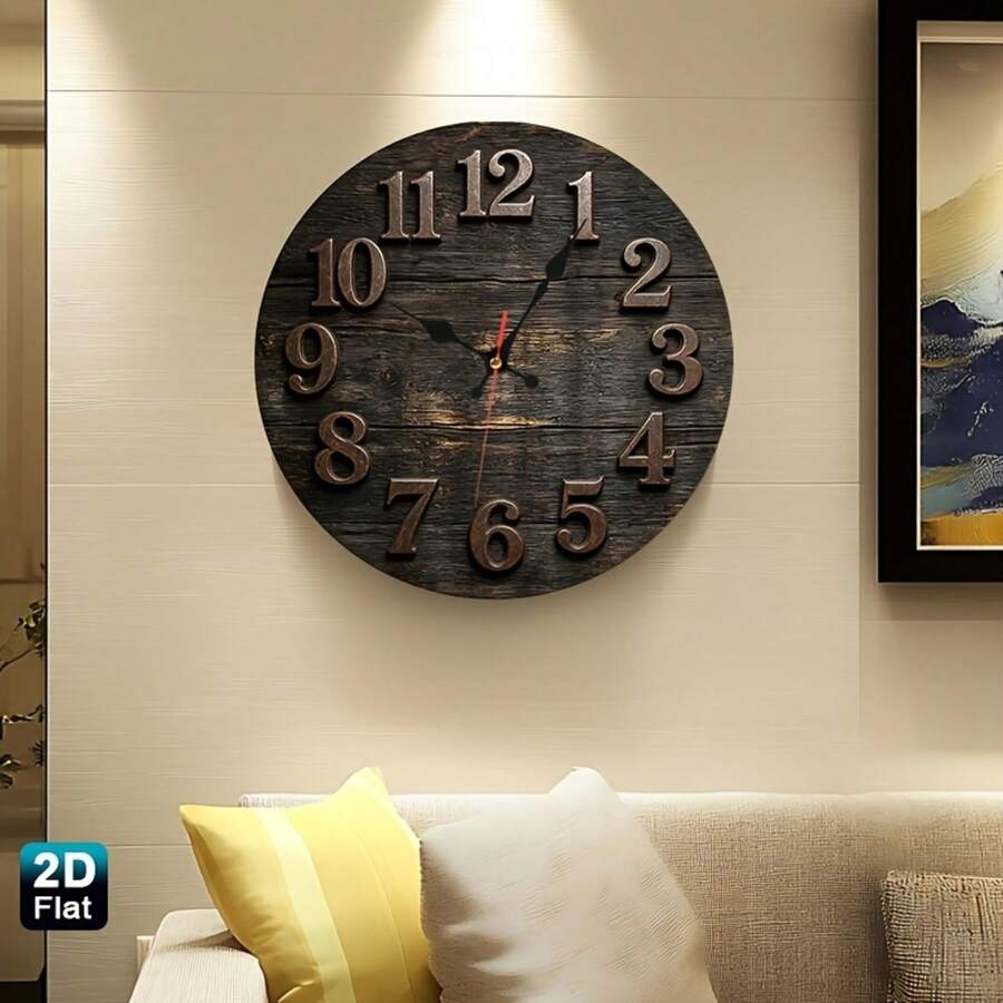 2D Flat Retro Dark Wood Wall Clock, 10/12inch Silent Without Ticking, Suitable For Kitchen, Classroom, Office, Home, Perfect Gift, Battery-Powered (AA Batteries Not Included)