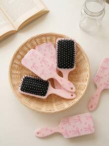 1 pieza/Peine de cojín de aire suave de ABS grande con lazo rosa, cepillo de cojín de aire desenredante, peinado suave, peine de cojín de aire cuadrado con lazo rosa claro y orificio para colgar, peine de cabello esponjoso, rosa juvenil, para uso diario en el hogar, baño, estudiante, todas las estaciones - Rosa - Ver 5