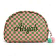 (Embroidered Custom) 1PC New Striped Shell Toiletry Bag, Fresh Macaron Color Palette, With Zipper And Personalized Custom Makeup Bag, Portable Toiletry Storage Bag For Travel, Random Color Pom Pom Design, Cute Gift For Family, Friends, Birthday, Holiday Essential - Multicolor - View 8
