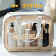 Bolsa de lavado de PVC, bolsa de cosméticos portátil con estampado de letras WASHBAG para mujeres, bolsa de almacenamiento multifuncional para artículos esenciales de baño/playa/viaje - Champán - Ver 3