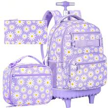 Set Tas Ransel Sekolah Anak Perempuan Motif Bunga Daisy Ungu 3 Buah, Model Oxford, dengan Roda, Tali Bahu yang Dapat Diatur, dan Penutup Resleting, Cocok untuk Kembali ke Sekolah & Bepergian. - 21 Daisy Tuas Tunggal - View 1