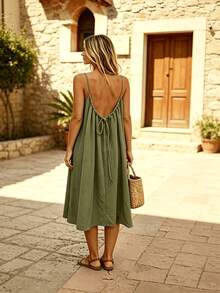 Perfect For Your Vacation! Midi Dress With Thin Straps, Open Back With Drawstring, Lightweight Fabric That Flatters Your Figure. - 橄欖綠 - 查看 5