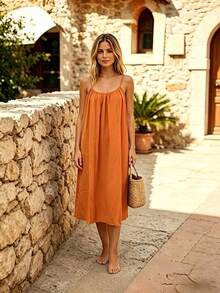 Perfect For Your Vacation! Midi Dress With Thin Straps, Open Back With Drawstring, Lightweight Fabric That Flatters Your Figure. - 橘色 - 查看 5