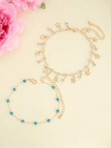 2pcs/Set Turquoise Anklet With Butterfly, Rhinestone Tassel, Perfect For Summer Daily/Beach Vacation, Western Jewelry - one-size - View 3