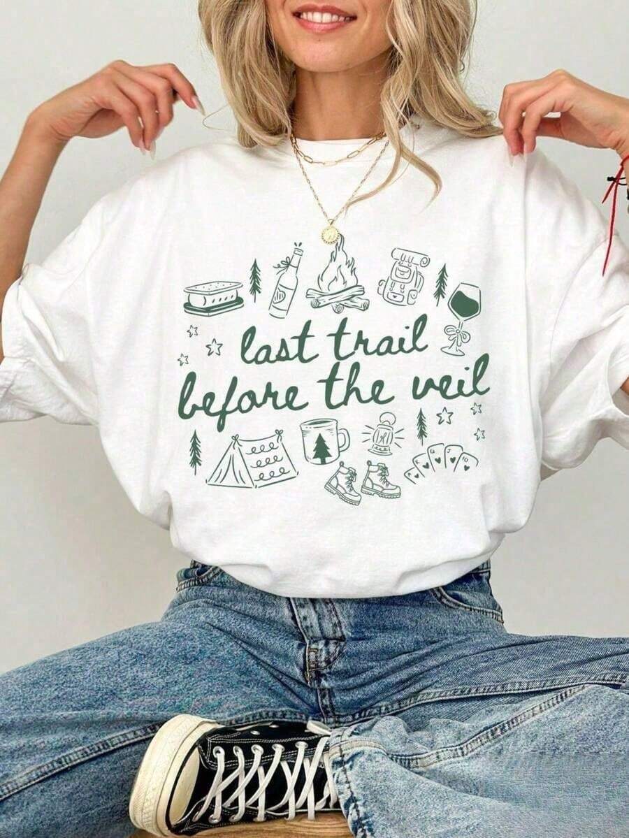 1 Bachelorette Party T-Shirt, Camp Bachelorette, Last Trail Before The Veil, Mountain Bride T-Shirt, Hiking Wedding Party T-Shirts - 黑色 - 查看 1