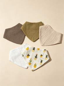 5pcs Newborn Bibs, Printed Pattern & Solid Color, Pure Cotton Plain Weave Soft Skin-Friendly, Suitable For Boys & Girls All Seasons - 彩色 - 查看 2