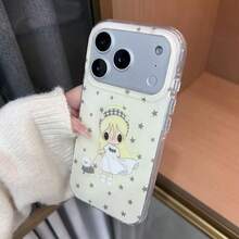 1件裝奶油色背景金髮女孩牽狗星星印花手機殼，適用 17 16 15 14 13 Pro Max，大開孔鏡頭窗透明防摔軟殼 - 黃色 - 查看 3