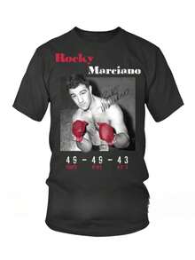 Camiseta de boxeo de Rocky Marciano - Récord vintage del boxeador (44-0, 43 KO, 34-34-0 con 14 peleas de 14 rondas) - Diseño de campeón de peso pesado - Negra con texto rojo - Camiseta vinta - Negro - Ver 1