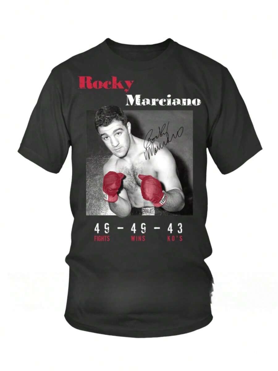Camiseta de boxeo de Rocky Marciano - Récord vintage del boxeador (44-0, 43 KO, 34-34-0 con 14 peleas de 14 rondas) - Diseño de campeón de peso pesado - Negra con texto rojo - Camiseta vinta - Negro - Ver 1