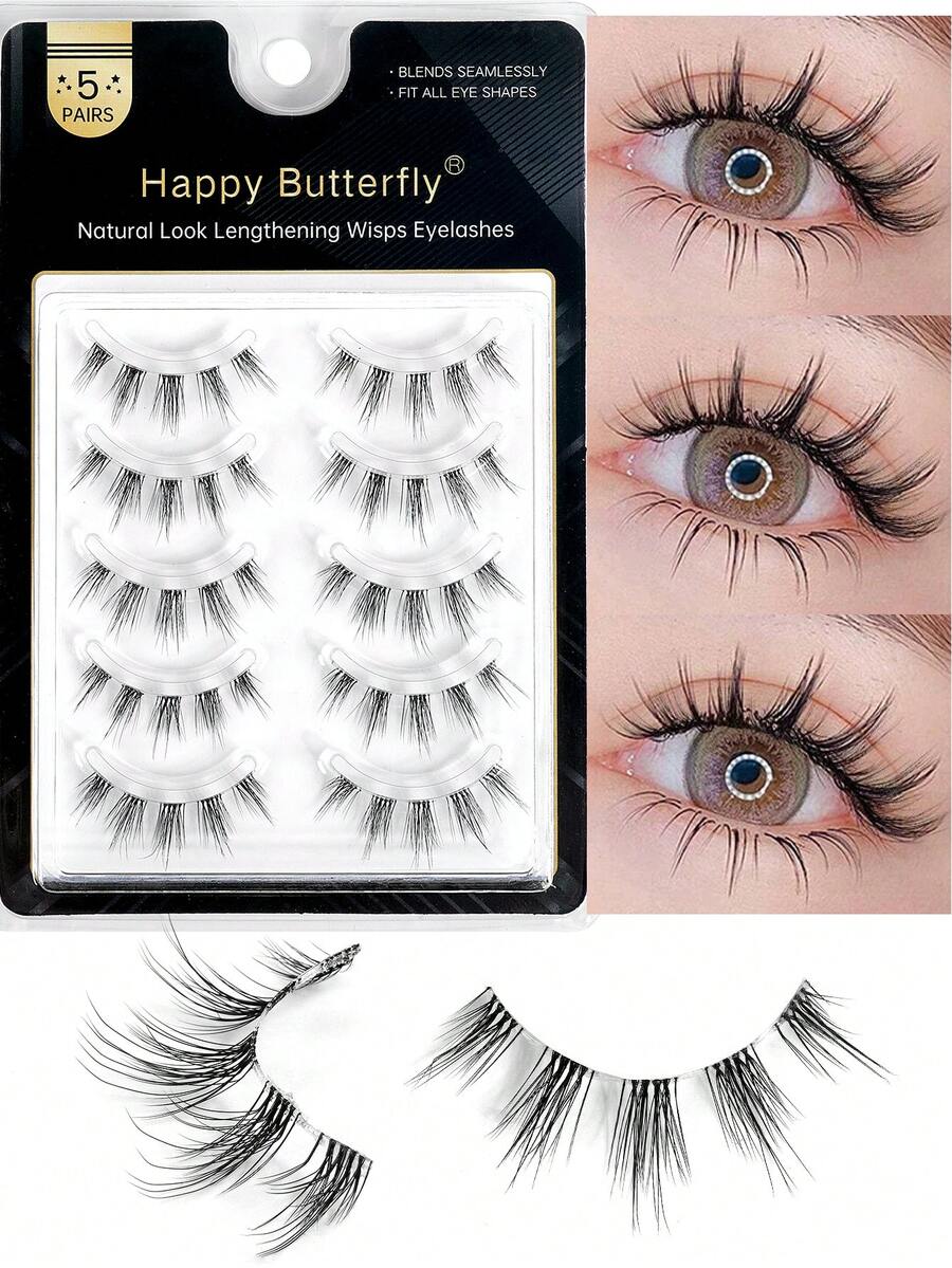 MAANGE 5 Pairs Natural Criss-Cross Full Head False Eyelashes, Transparent Lash Stem, Fluffy & Delicate, Suitable For Daily Use, Cartoon Style, Travel Essential